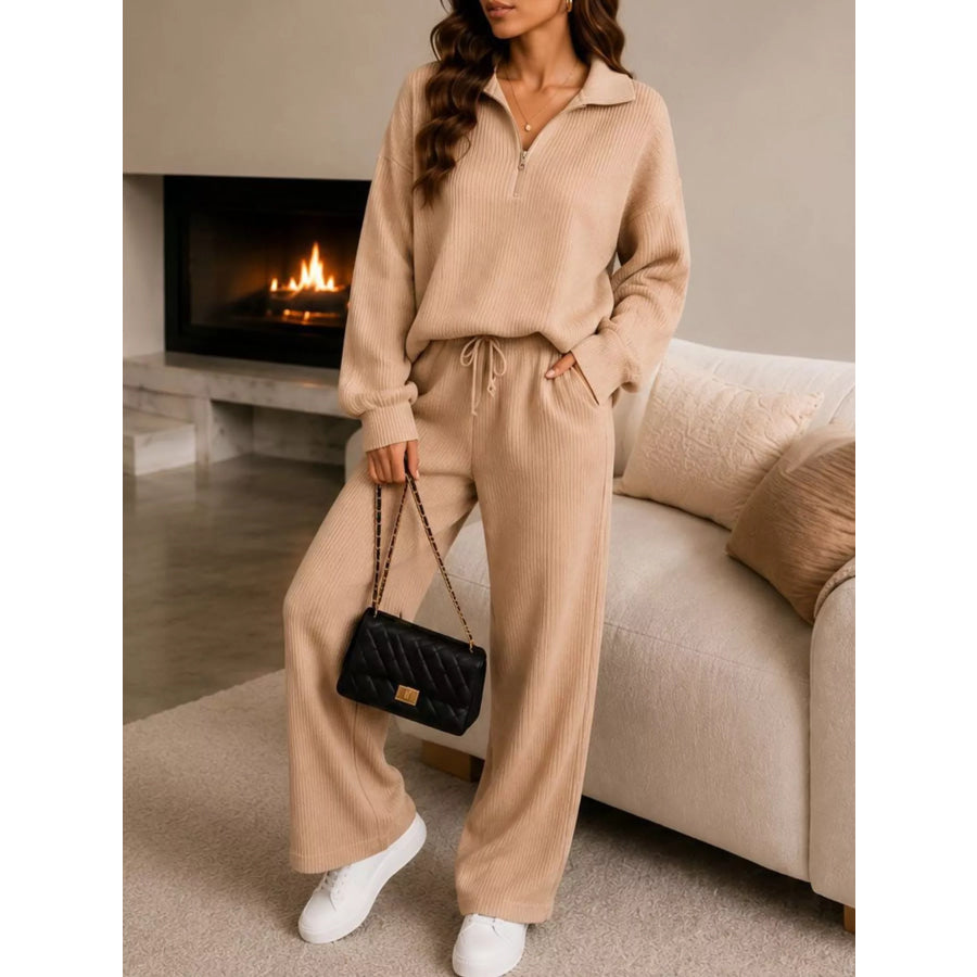 Cozy Ribbed Knit Quarter-Zip Top and Wide-Leg Set Tan / S