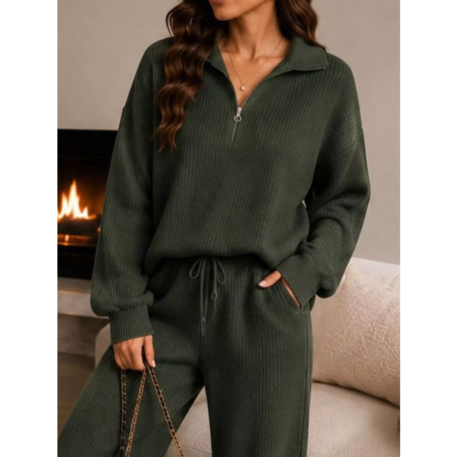 Cozy Ribbed Knit Quarter-Zip Top and Wide-Leg Set