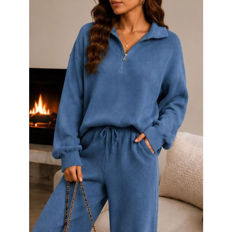 Cozy Ribbed Knit Quarter-Zip Top and Wide-Leg Set