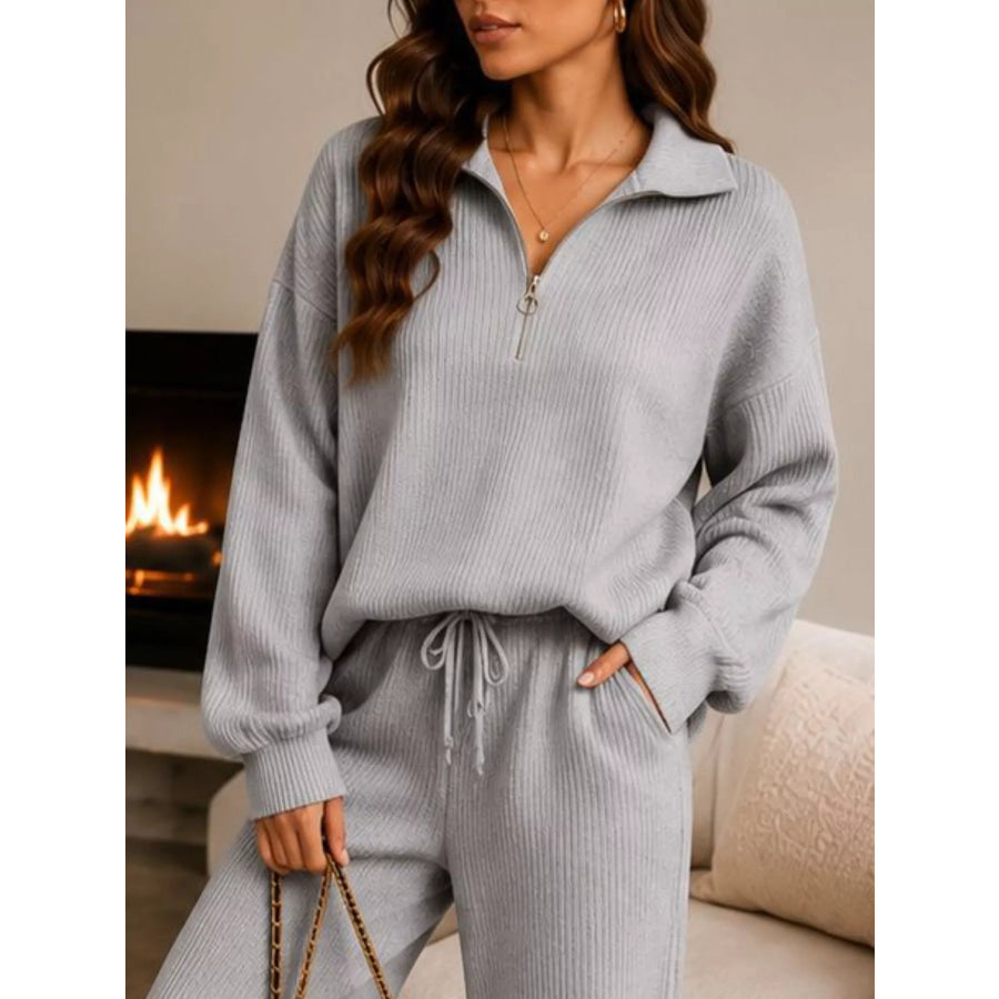 Cozy Ribbed Knit Quarter-Zip Top and Wide-Leg Set