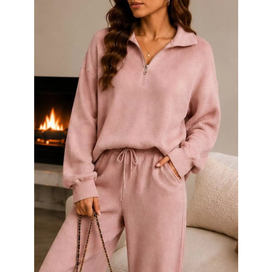 Cozy Ribbed Knit Quarter-Zip Top and Wide-Leg Set