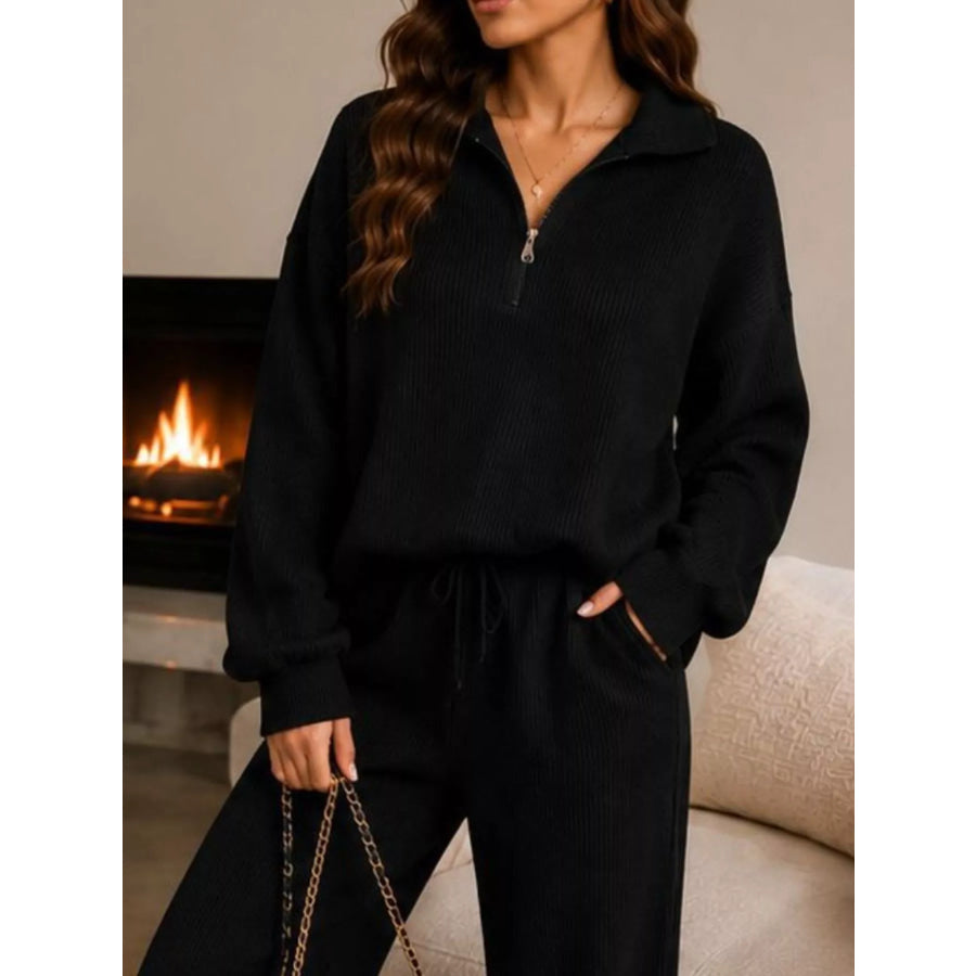 Cozy Ribbed Knit Quarter-Zip Top and Wide-Leg Set