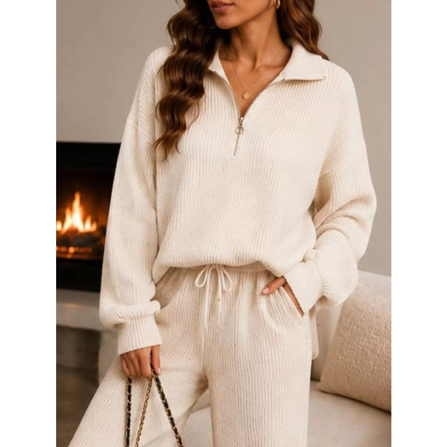Cozy Ribbed Knit Quarter-Zip Top and Wide-Leg Set
