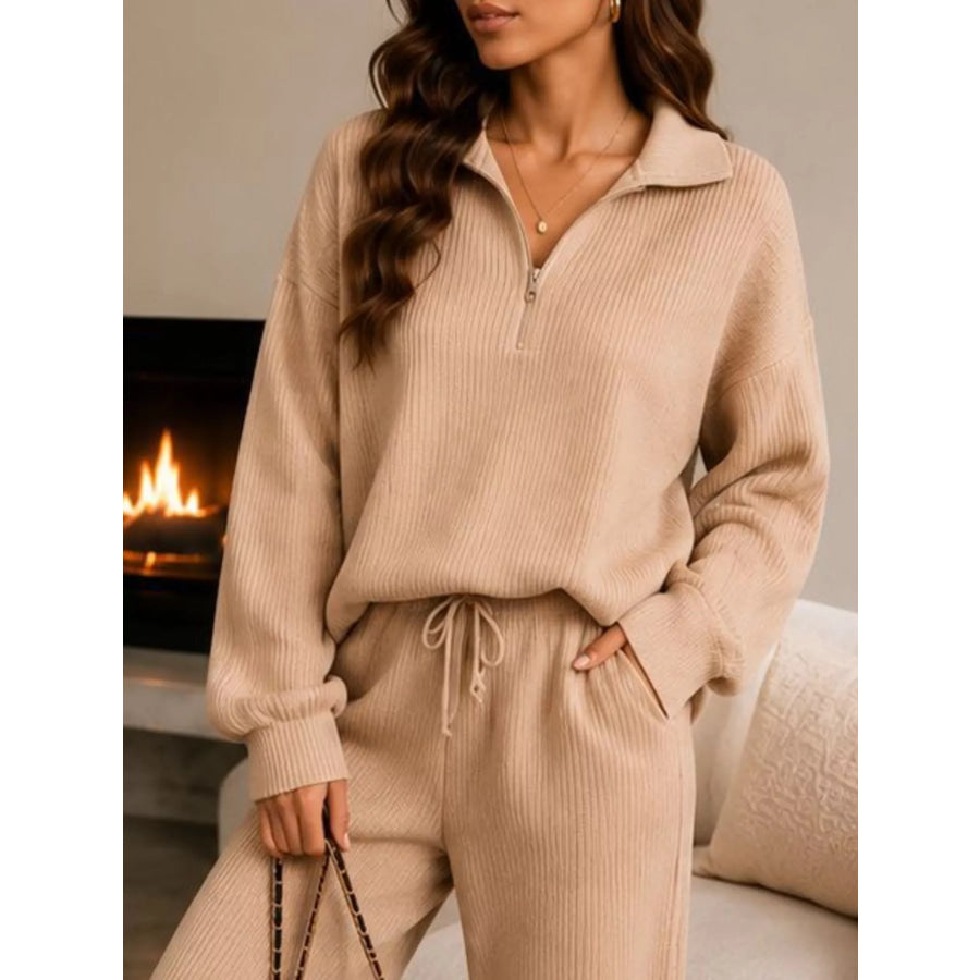 Cozy Ribbed Knit Quarter-Zip Top and Wide-Leg Set