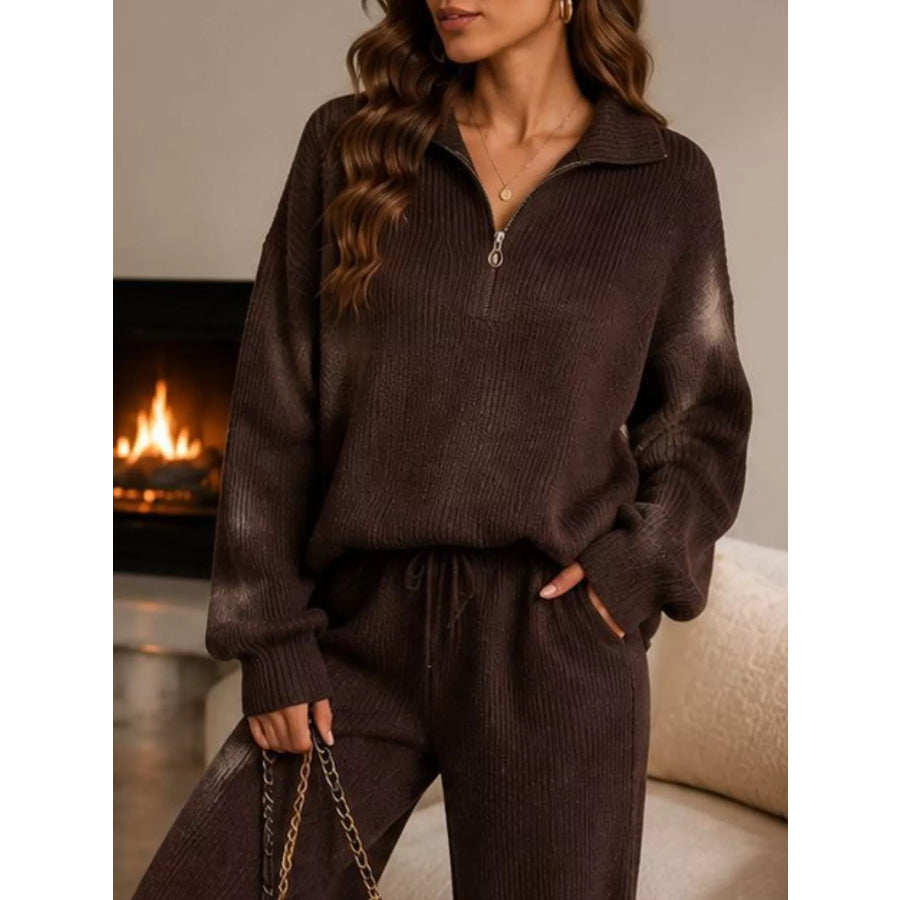 Cozy Ribbed Knit Quarter-Zip Top and Wide-Leg Set