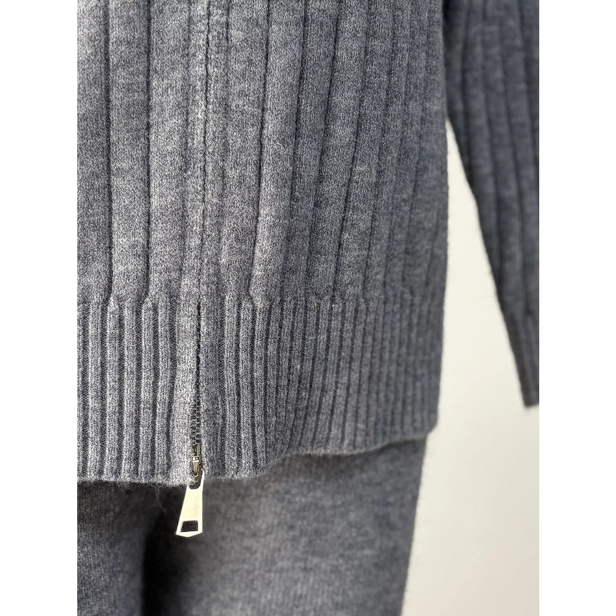 Cozy Ribbed Knit Zip-Up Hoodie and Wide-Leg Pants Sweater Set Apparel Accessories