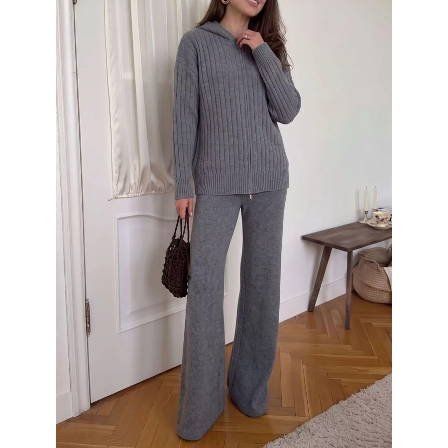 Cozy Ribbed Knit Zip-Up Hoodie and Wide-Leg Pants Sweater Set Apparel Accessories