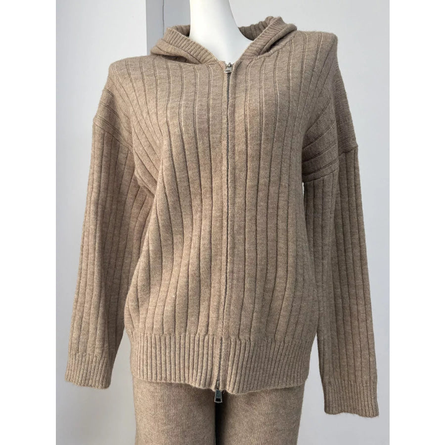 Cozy Ribbed Knit Zip-Up Hoodie and Wide-Leg Pants Sweater Set Apparel Accessories