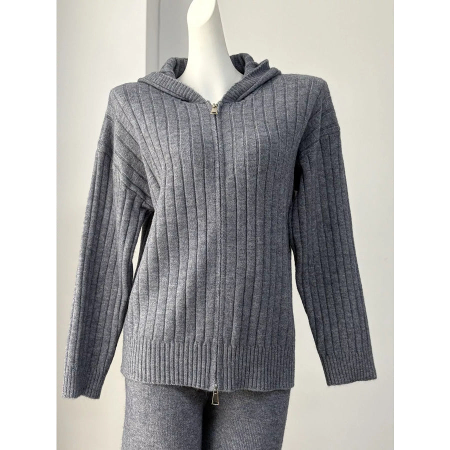 Cozy Ribbed Knit Zip-Up Hoodie and Wide-Leg Pants Sweater Set Apparel Accessories