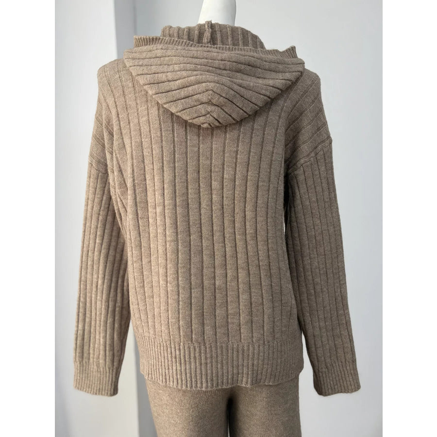 Cozy Ribbed Knit Zip-Up Hoodie and Wide-Leg Pants Sweater Set Apparel Accessories