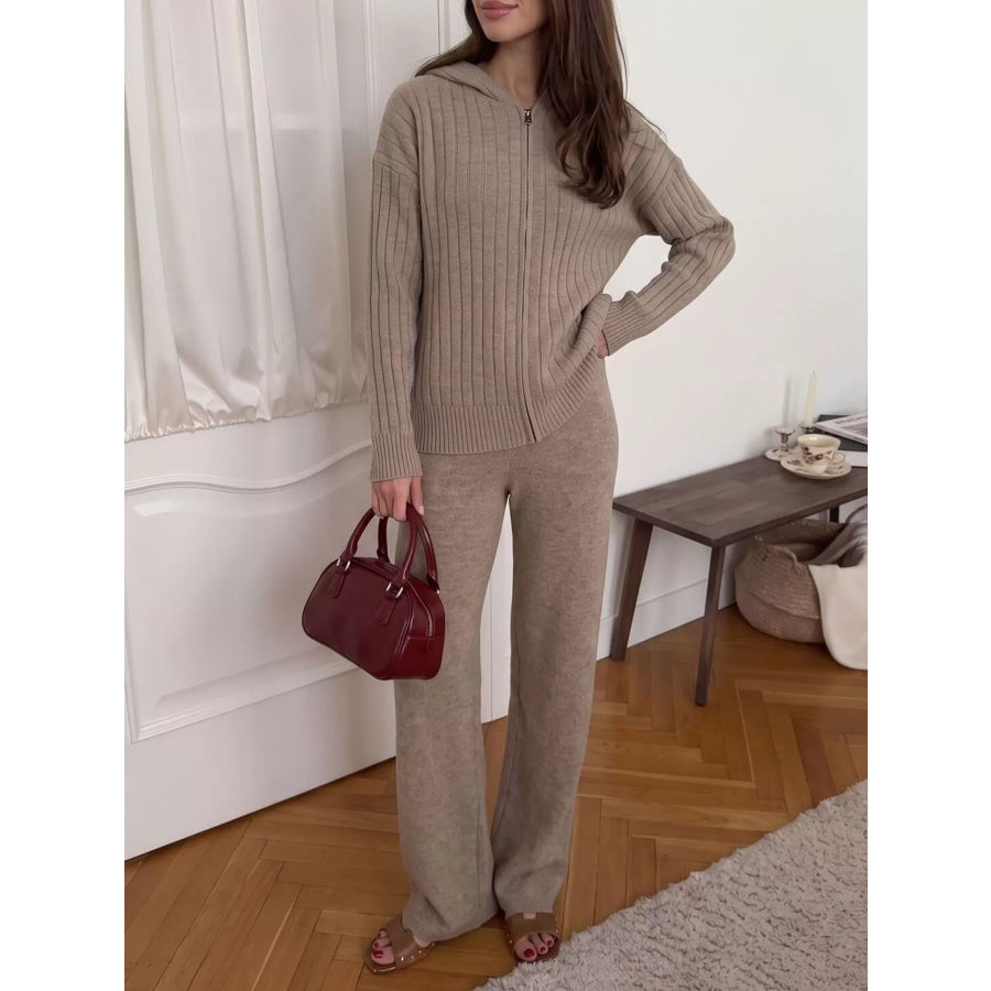 Cozy Ribbed Knit Zip-Up Hoodie and Wide-Leg Pants Sweater Set Apparel Accessories