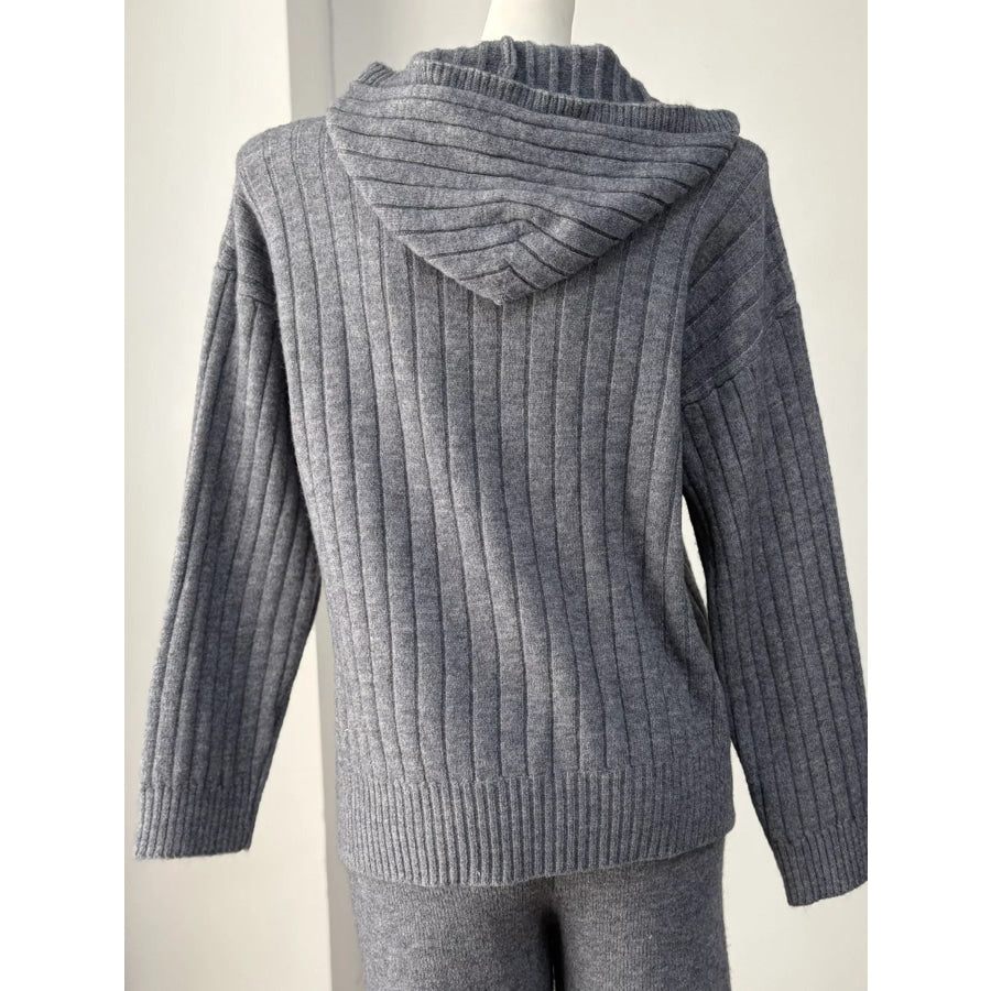 Cozy Ribbed Knit Zip-Up Hoodie and Wide-Leg Pants Sweater Set Apparel Accessories