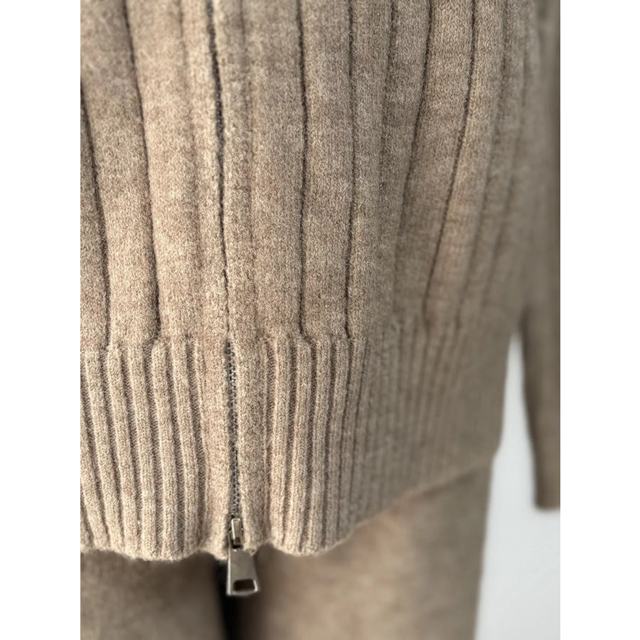 Cozy Ribbed Knit Zip-Up Hoodie and Wide-Leg Pants Sweater Set Apparel Accessories