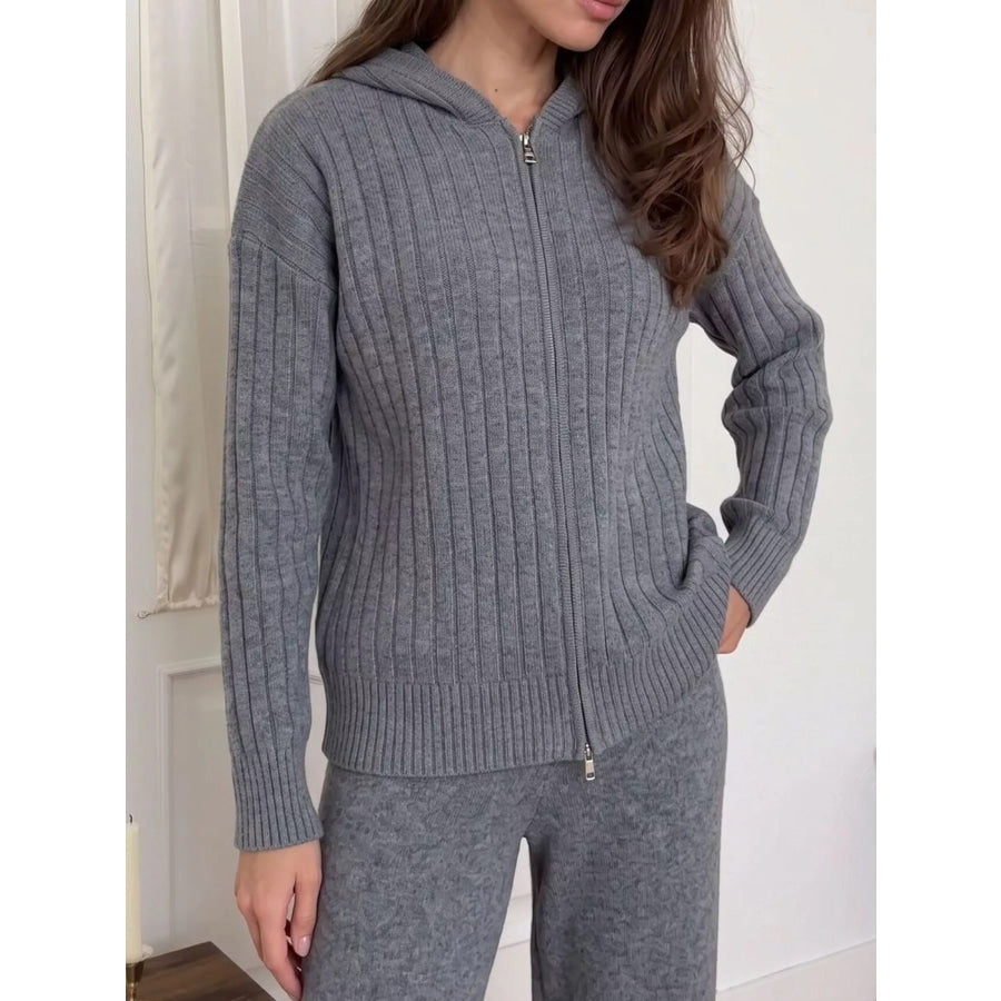 Cozy Ribbed Knit Zip-Up Hoodie and Wide-Leg Pants Sweater Set Apparel Accessories