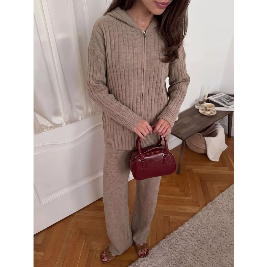 Cozy Ribbed Knit Zip-Up Hoodie and Wide-Leg Pants Sweater Set Apparel Accessories