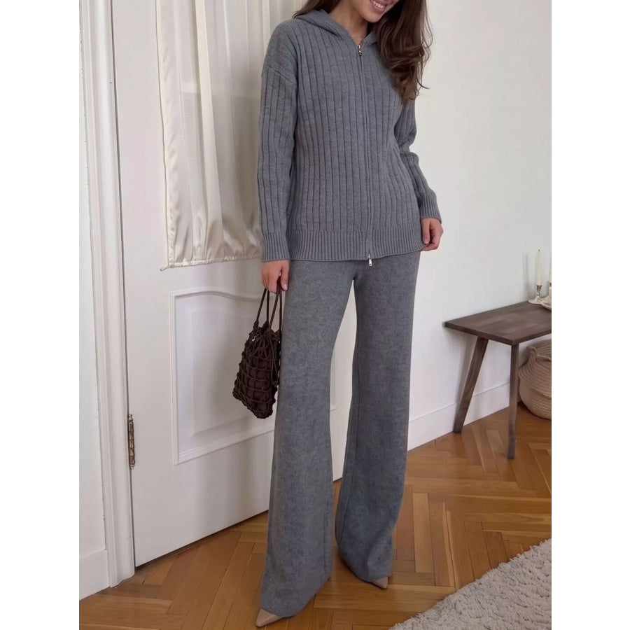 Cozy Ribbed Knit Zip-Up Hoodie and Wide-Leg Pants Sweater Set Dark Gray / One Size Apparel Accessories
