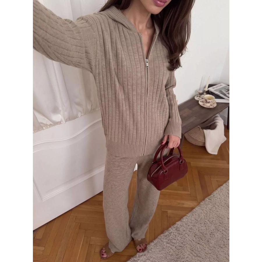 Cozy Ribbed Knit Zip-Up Hoodie and Wide-Leg Pants Sweater Set Tan / One Size Apparel Accessories