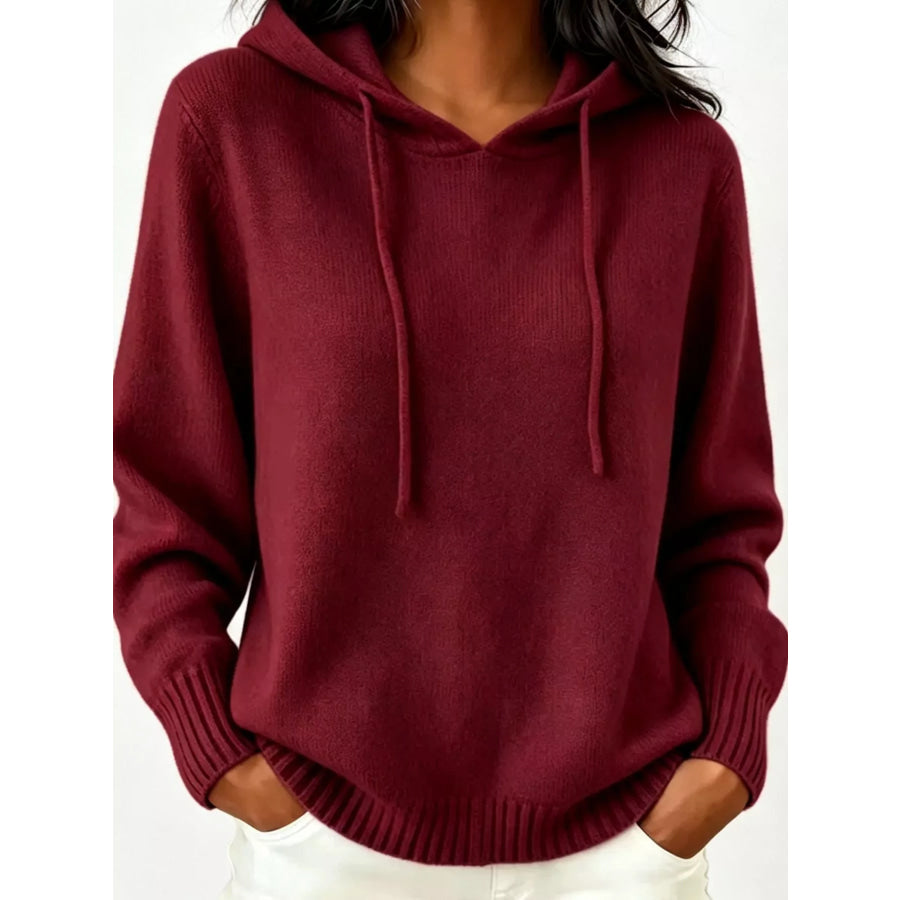 Cozy Ribbed Long‑Sleeve Hooded Sweater Burgundy / S Apparel and Accessories