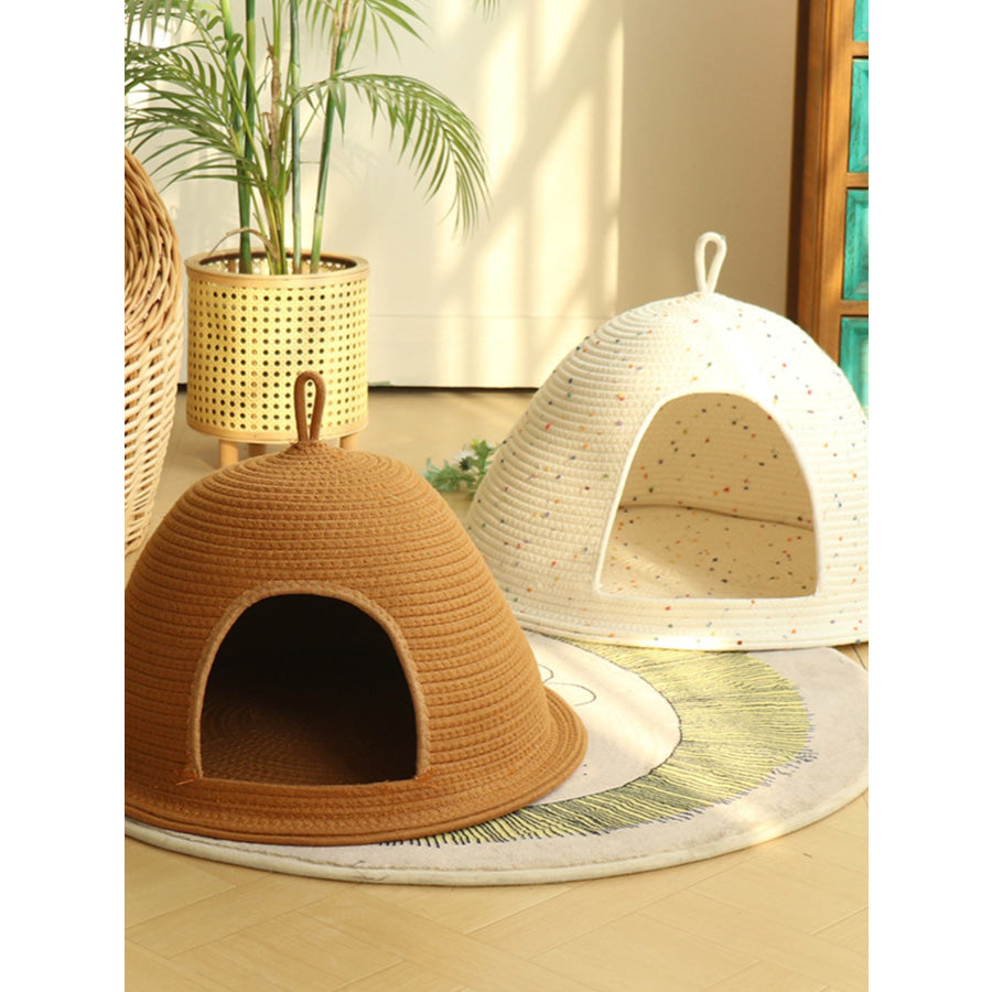 Cozy Rope Woven Cat Cave Bed with Handle Apparel and Accessories