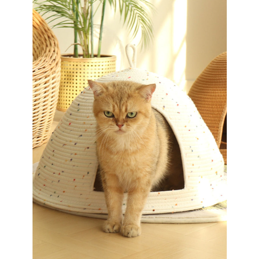 Cozy Rope Woven Cat Cave Bed with Handle Apparel and Accessories