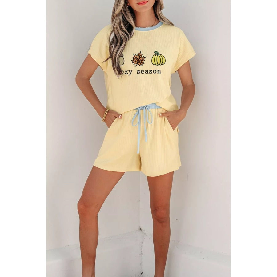 Cozy Season Embroidered Graphic Relaxed Two-Piece Short Set Apparel and Accessories