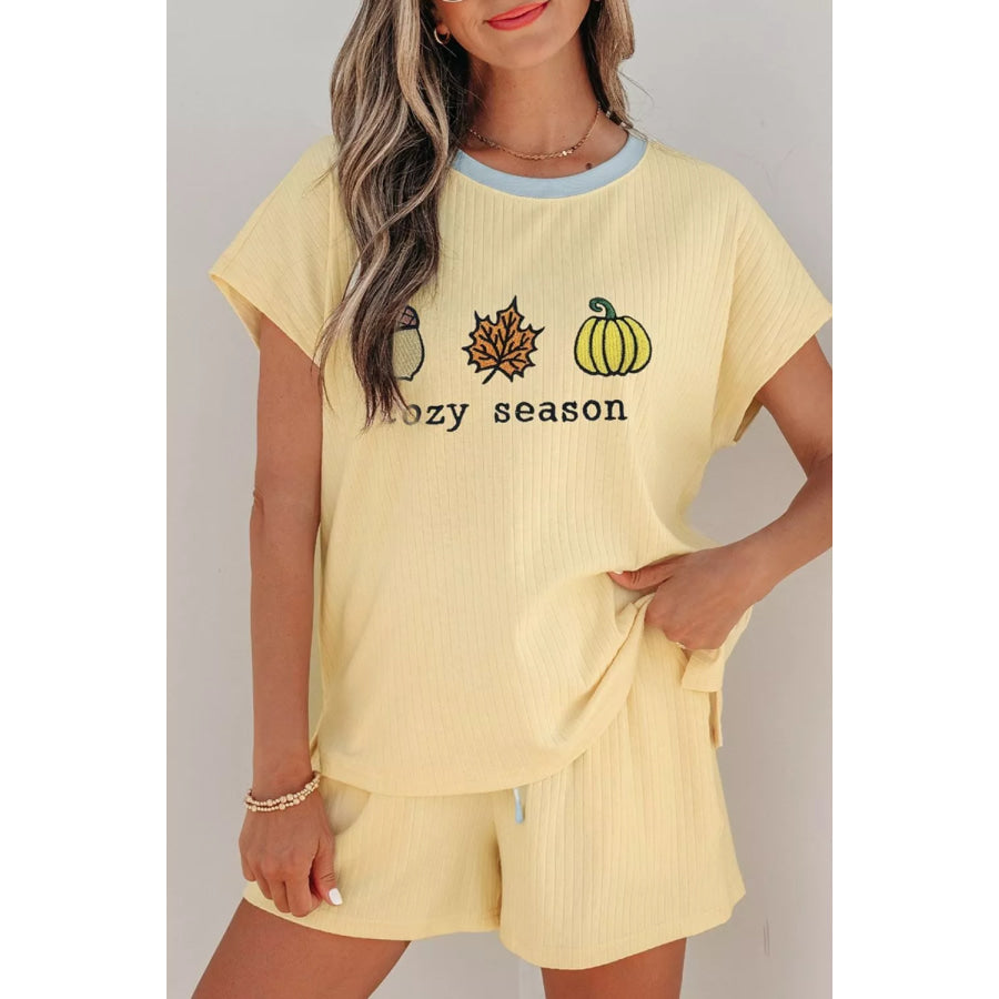 Cozy Season Embroidered Graphic Relaxed Two-Piece Short Set Apparel and Accessories