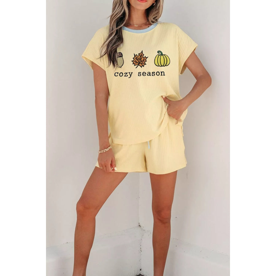 Cozy Season Embroidered Graphic Relaxed Two-Piece Short Set Apparel and Accessories