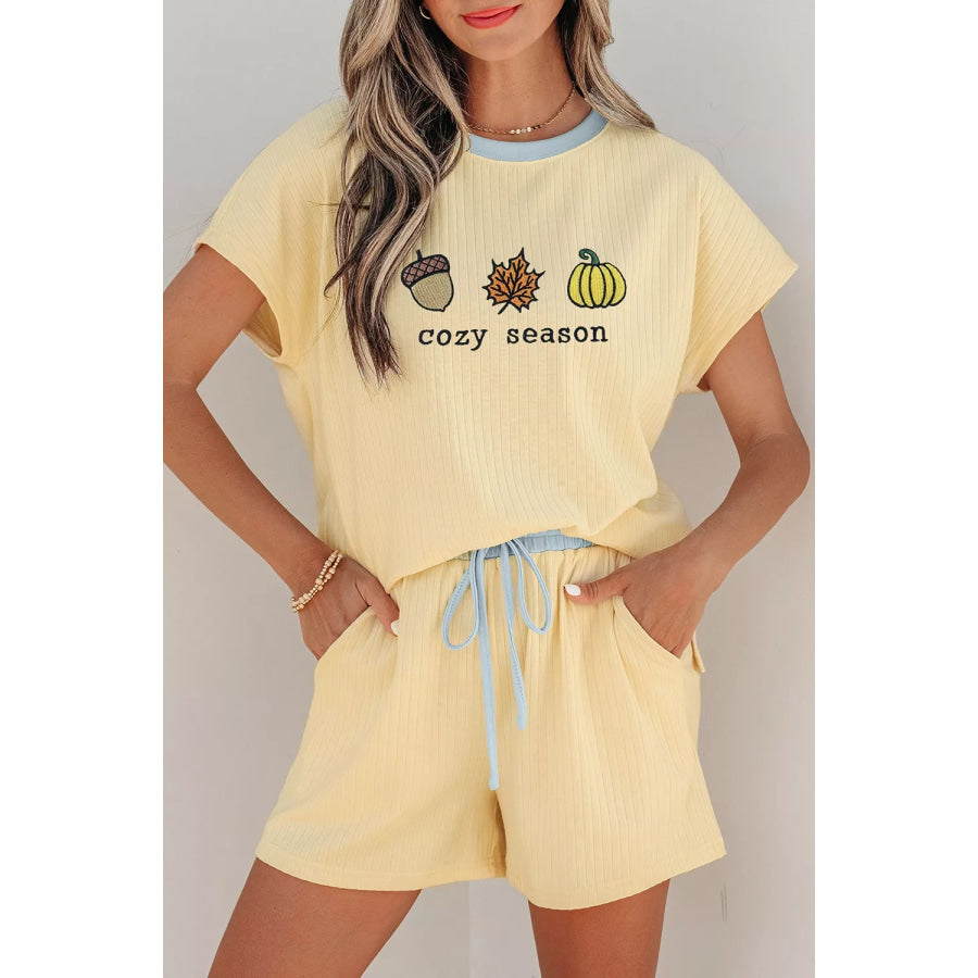 Cozy Season Embroidered Graphic Relaxed Two-Piece Short Set Apparel and Accessories