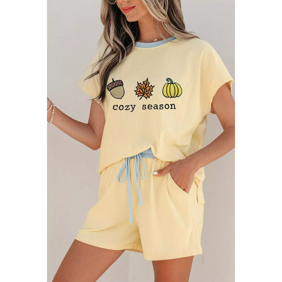 Cozy Season Embroidered Graphic Relaxed Two-Piece Short Set Pastel Yellow / XS Apparel and Accessories