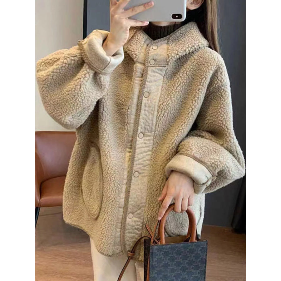 Cozy Sherpa Fleece Hooded Jacket with Snap-Button Closure Apricot / S Apparel and Accessories