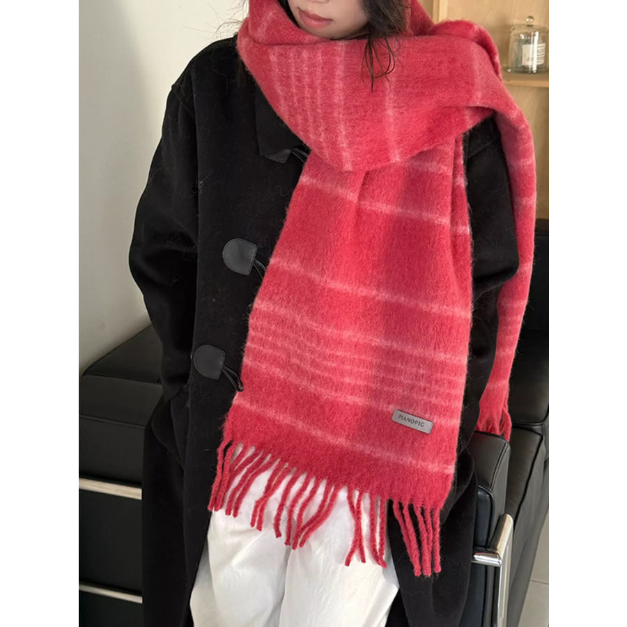 Cozy Striped Fringe Hem Scarf Red / One Size Apparel and Accessories