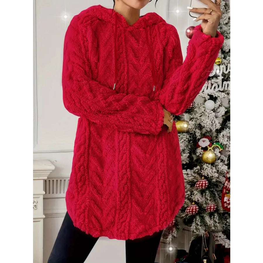 Cozy Textured Drawstring Fleece Hoodie Apparel and Accessories