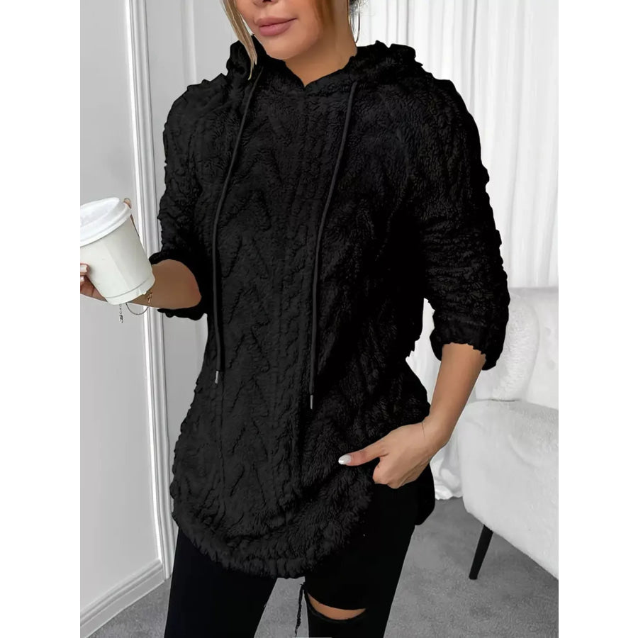 Cozy Textured Drawstring Fleece Hoodie Apparel and Accessories
