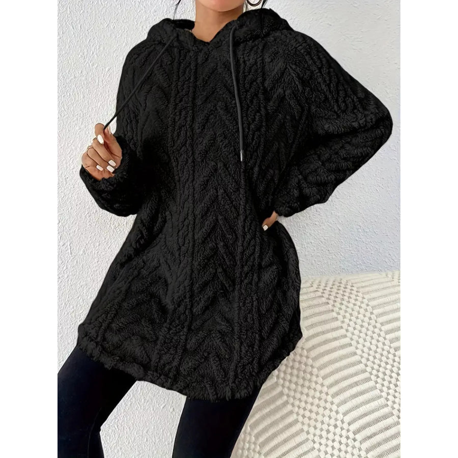 Cozy Textured Drawstring Fleece Hoodie Black / S Apparel and Accessories