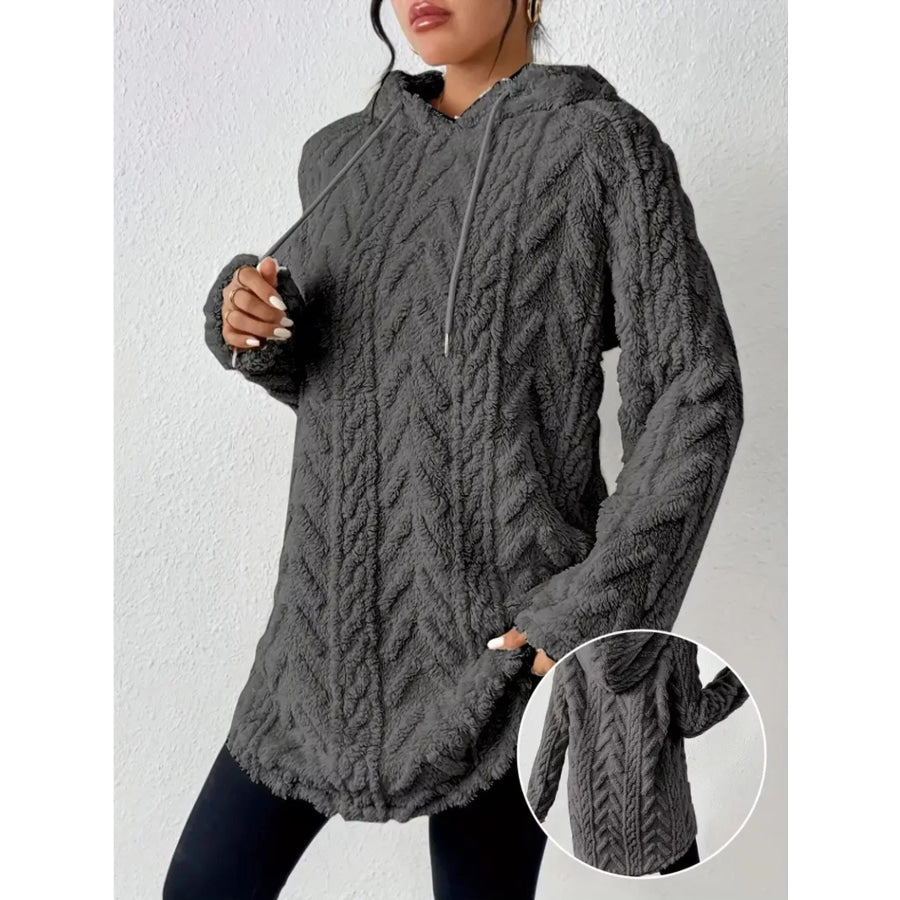 Cozy Textured Drawstring Fleece Hoodie Gray / S Apparel and Accessories