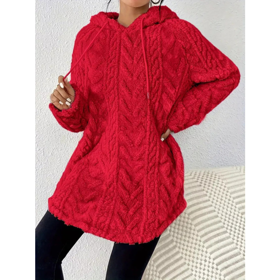 Cozy Textured Drawstring Fleece Hoodie Red / S Apparel and Accessories