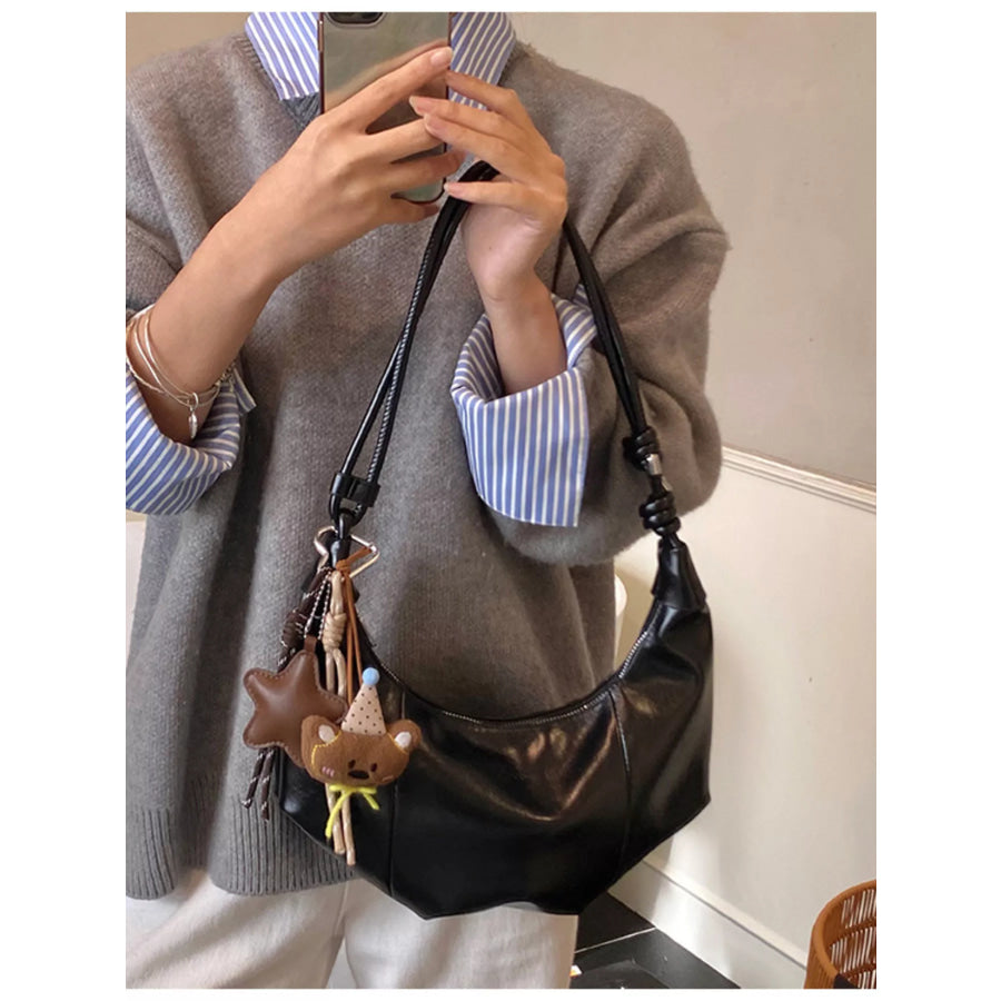 Crescent-Shaped Leather Shoulder Bag Black / One Size Apparel and Accessories