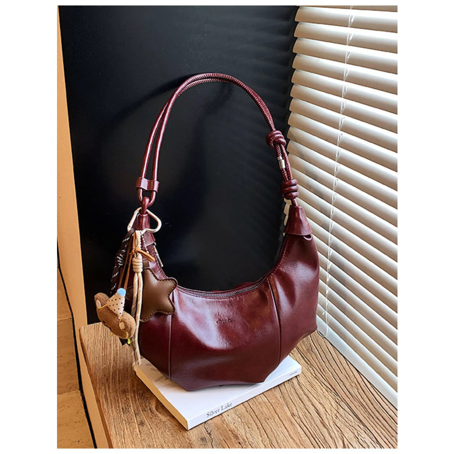 Crescent-Shaped Leather Shoulder Bag Wine Red / One Size Apparel and Accessories