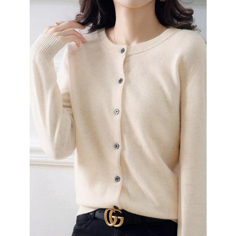 Crew Neck Button-Down Cardigan Beige / M Apparel and Accessories