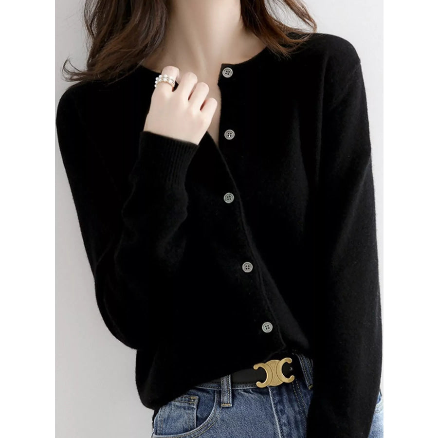 Crew Neck Button-Down Cardigan Black / M Apparel and Accessories
