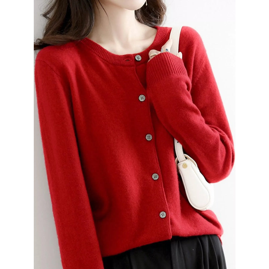 Crew Neck Button-Down Cardigan Burgundy / M Apparel and Accessories