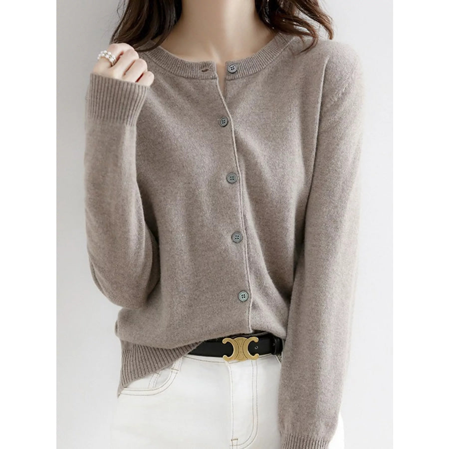 Crew Neck Button-Down Cardigan Dark Camel / M Apparel and Accessories