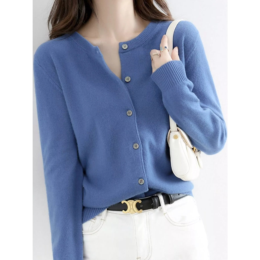 Crew Neck Button-Down Cardigan Denim Blue / M Apparel and Accessories