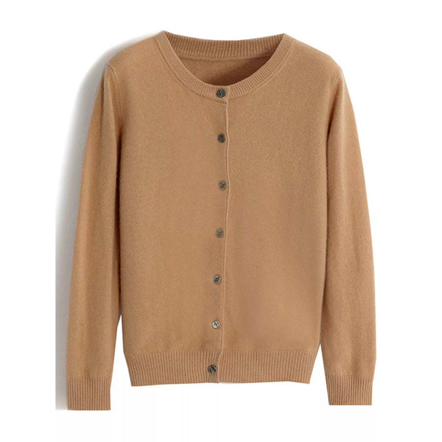 Crew Neck Button-Down Cardigan Golden Camel / M Apparel and Accessories