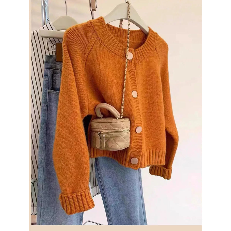 Crew Neck Button Down Cardigan Golden Camel / M Apparel and Accessories