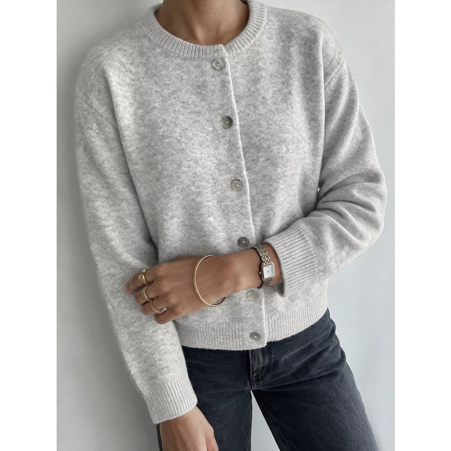 Crew Neck Button-Down Cardigan Gray/white / S Apparel and Accessories