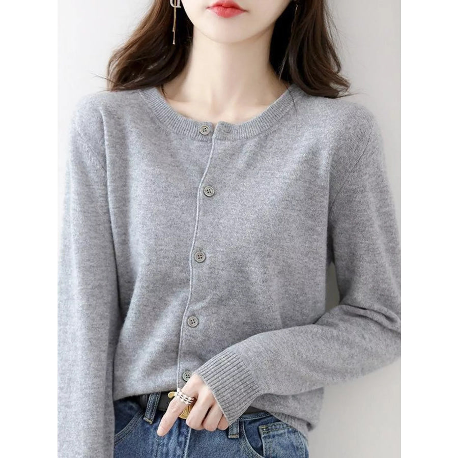 Crew Neck Button-Down Cardigan Medium Gray / M Apparel and Accessories