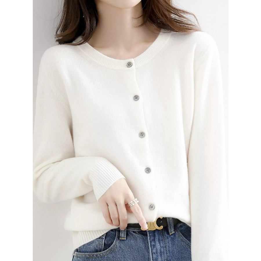 Crew Neck Button-Down Cardigan White / M Apparel and Accessories