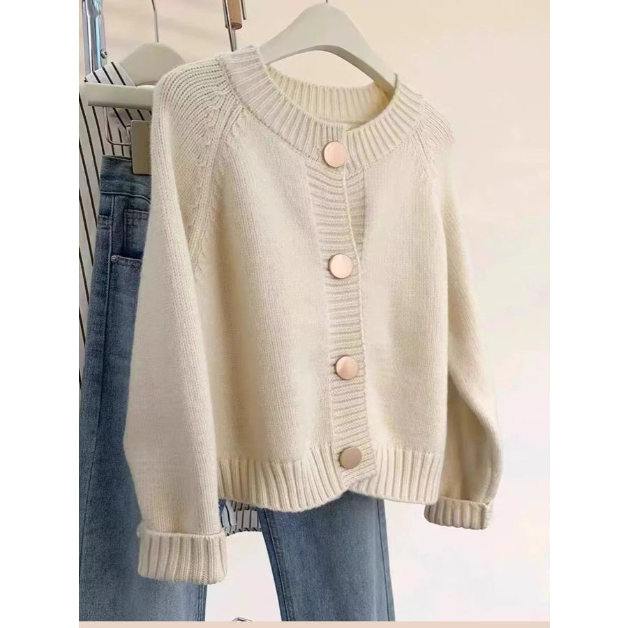 Crew Neck Button Down Cardigan White / M Apparel and Accessories