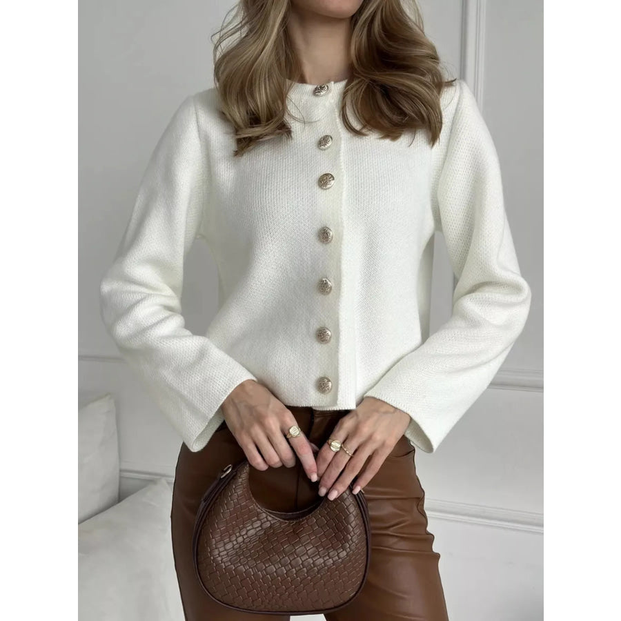 Crew-Neck Button Down Cardigan White / One Size Apparel and Accessories